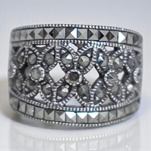 Vintage Sterling Silver Marcasite Wide Band Ring Pyrite 925 Art Deco MISSING GEM